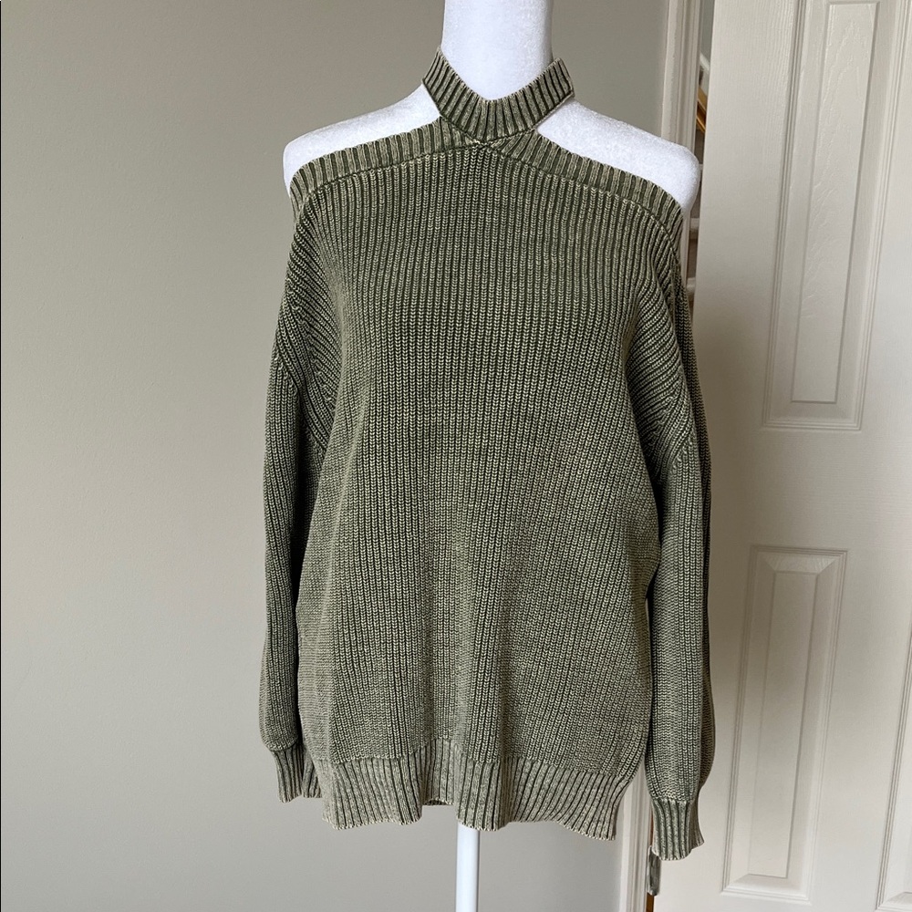 BiBi Olive Off-the-Shoulder Mineral Washed Sweater - New with Tag- Small